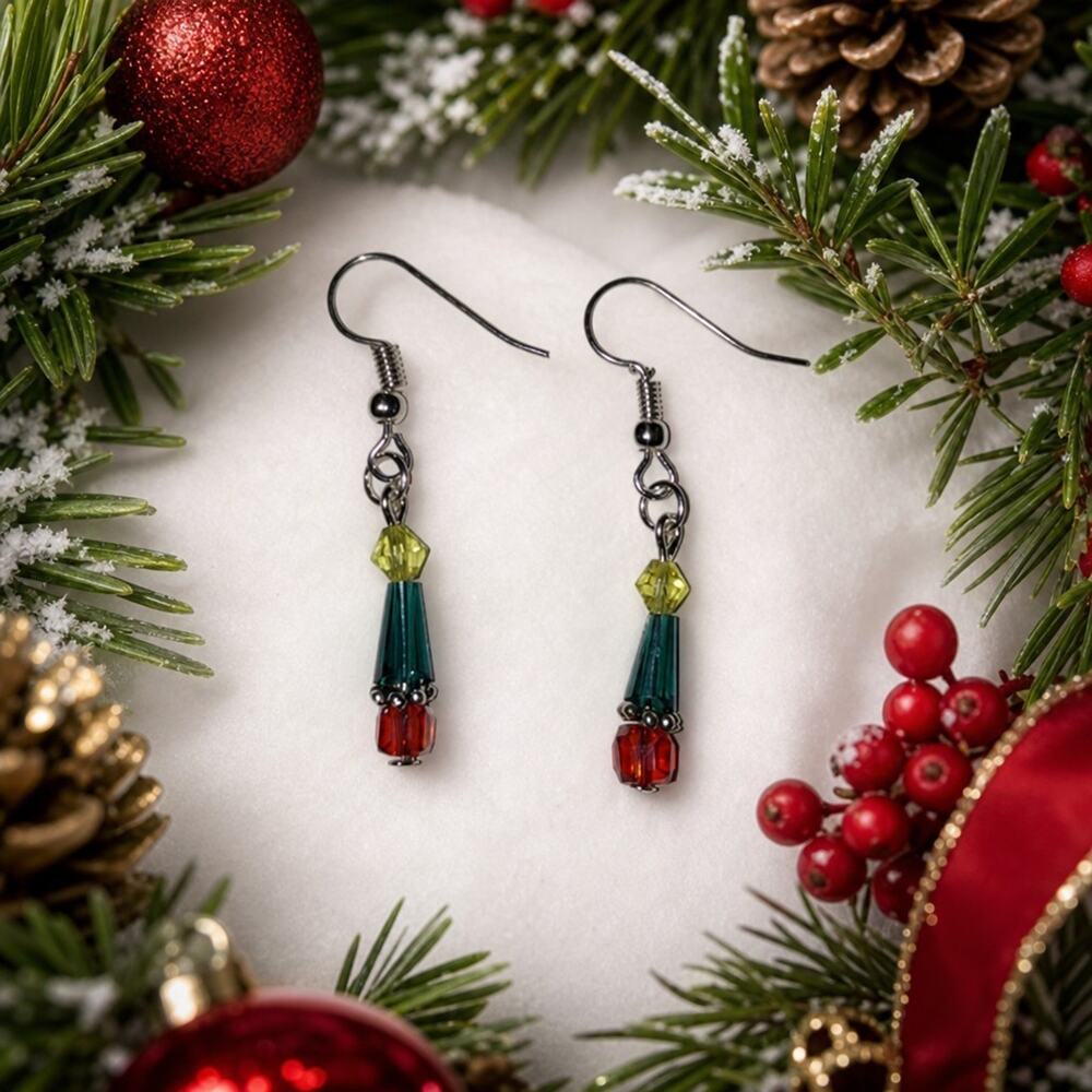 Handmade Fun and Festive Tree Silver Plated Fishhook Earrings #C22
